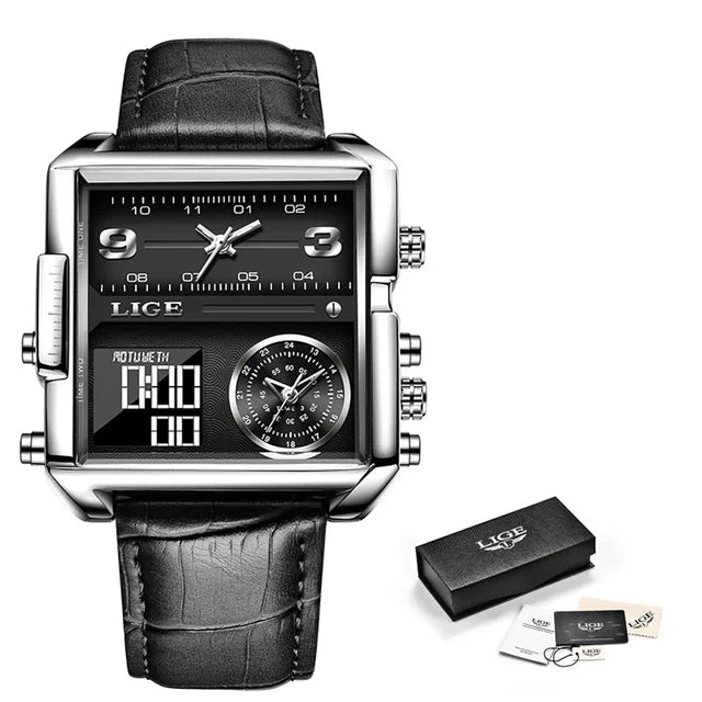 LIGE - Montre Homme Luxe Sport - Double Affichage Analogique Digital - Acier - Étanche 3 ATM