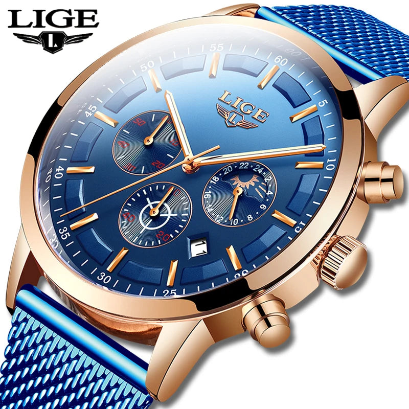 LIGE - Montre Femme Luxe Chronographe Phases de Lune - Bracelet Maille Bleu - Or Rose - Étanche 3 ATM