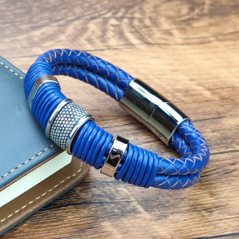 Bracelet Wrap Boho Cuir Tressé Double Bleu Homme
