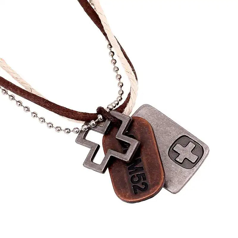 Collier Pendentif Croix Tag Cuir Vintage - Bijou Unisexe Artisanal