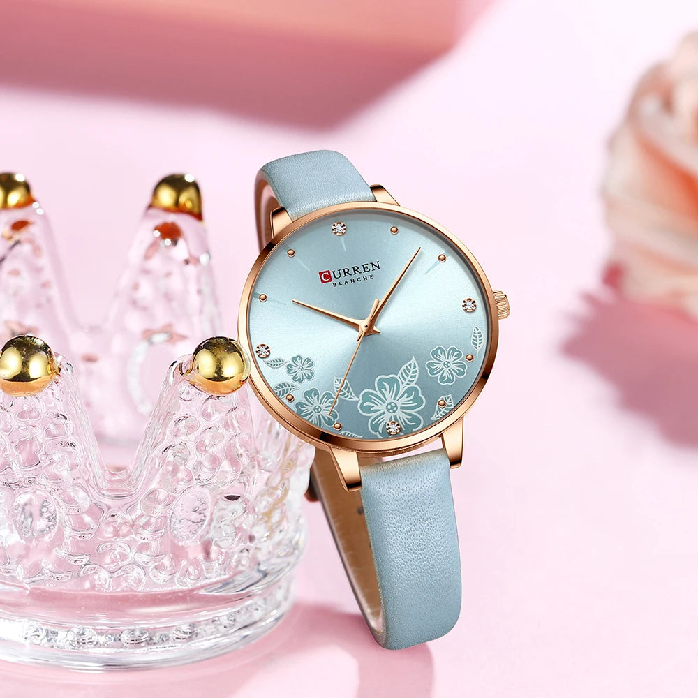 CURREN - Montre Femme Luxe Cuir - Cadran Fleurs - Mouvement Japonais - Étanche 3 ATM - Or Rose