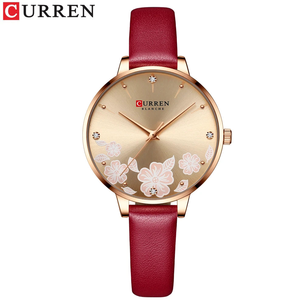 CURREN - Montre Femme Luxe Cuir - Cadran Fleurs - Mouvement Japonais - Étanche 3 ATM - Or Rose