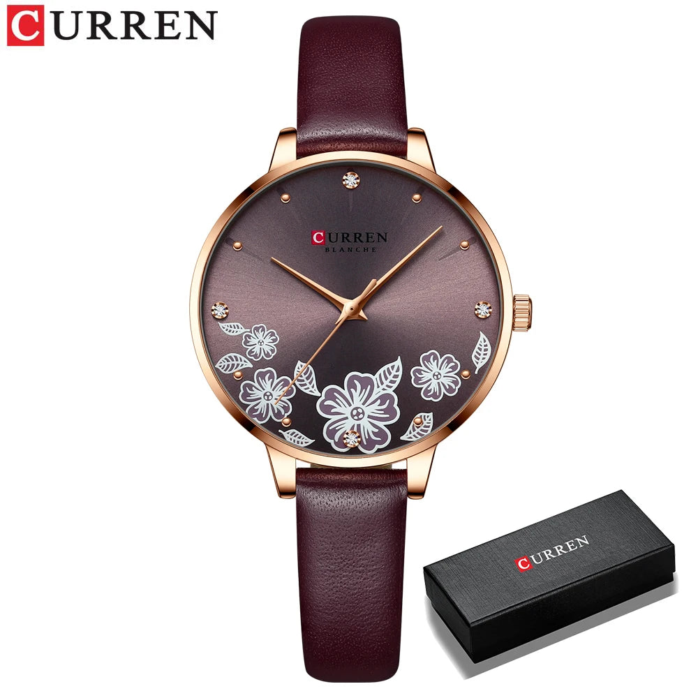 CURREN - Montre Femme Luxe Cuir - Cadran Fleurs - Mouvement Japonais - Étanche 3 ATM - Or Rose