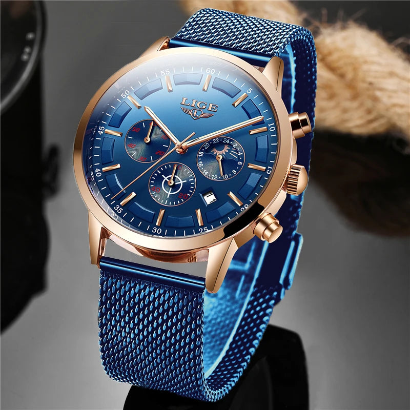 LIGE - Montre Femme Luxe Chronographe Phases de Lune - Bracelet Maille Bleu - Or Rose - Étanche 3 ATM