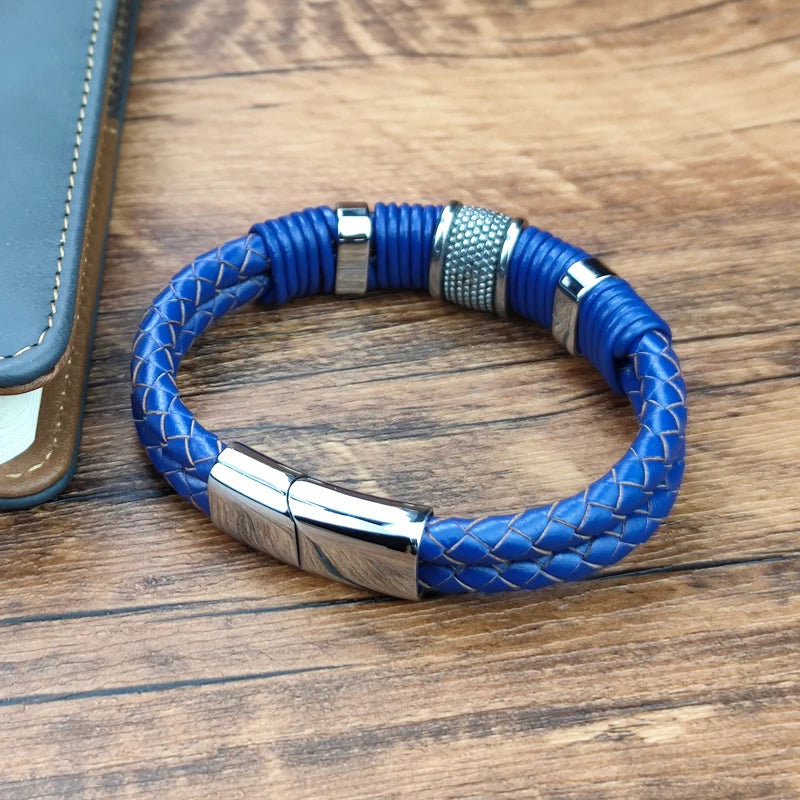 Bracelet Wrap Boho Cuir Tressé Double Bleu Homme