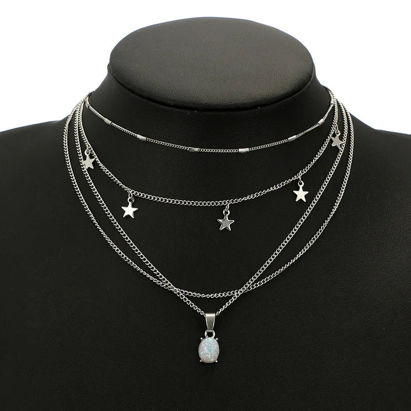 Collier Multi-Rangs Pendentif Pentagramme Cristal Bohème - Bijou Femme