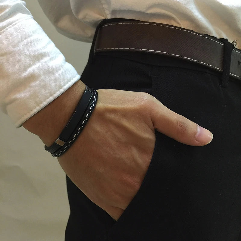 Bracelet Cuir Véritable Lignes Cousues VNOX Homme - Barre Acier Inoxydable