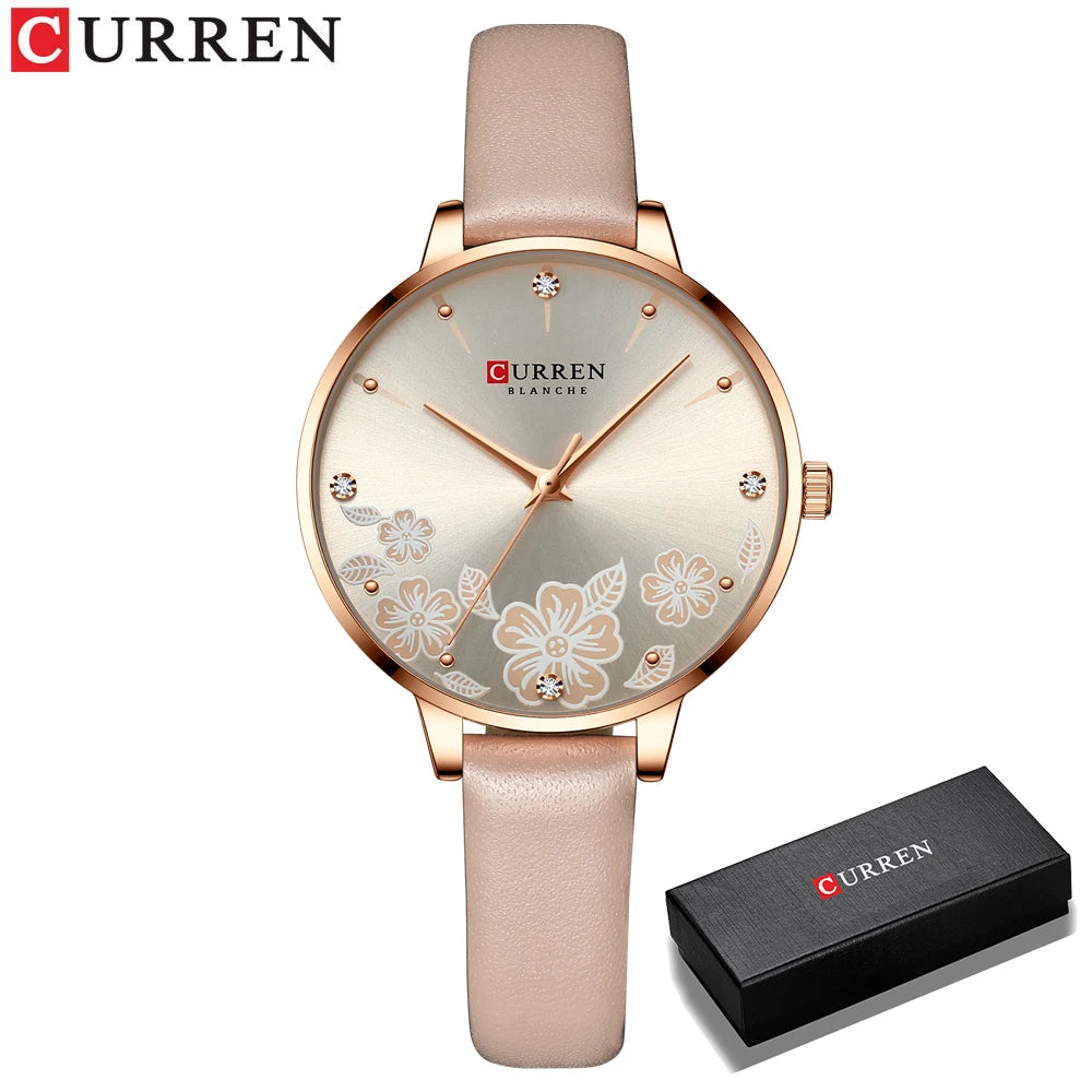 CURREN - Montre Femme Luxe Cuir - Cadran Fleurs - Mouvement Japonais - Étanche 3 ATM - Or Rose
