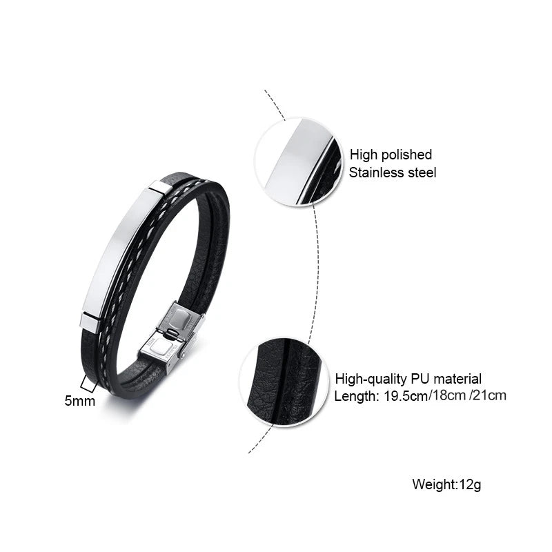 Bracelet Cuir Véritable Lignes Cousues VNOX Homme - Barre Acier Inoxydable