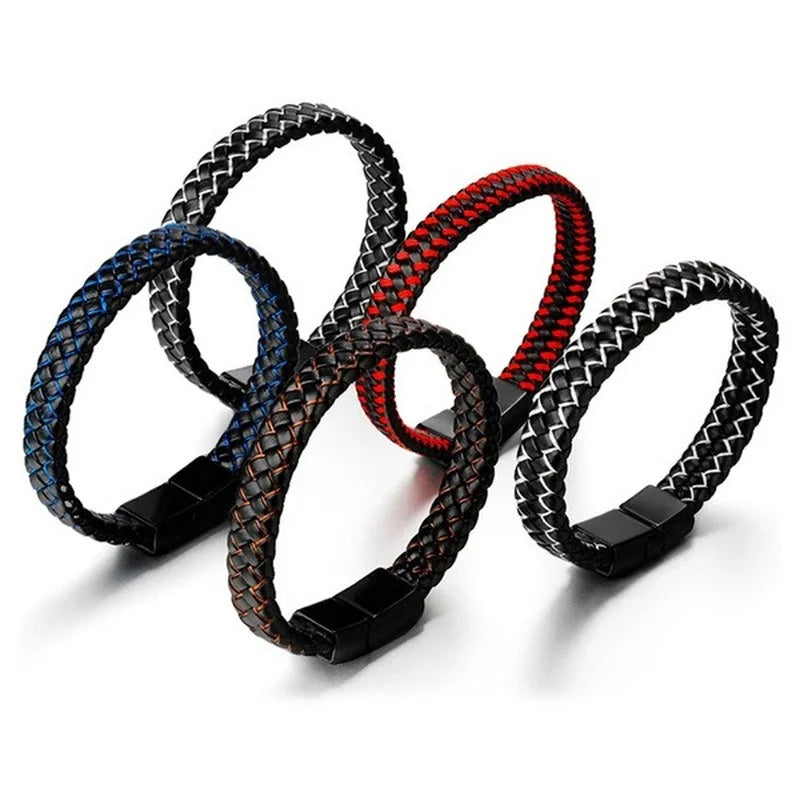 Bracelet Homme Cuir Véritable Tressé Noir - Fermoirs Magnétiques Acier Inoxydable Bangle