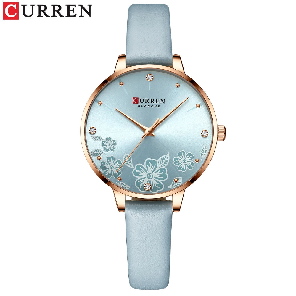 CURREN - Montre Femme Luxe Cuir - Cadran Fleurs - Mouvement Japonais - Étanche 3 ATM - Or Rose