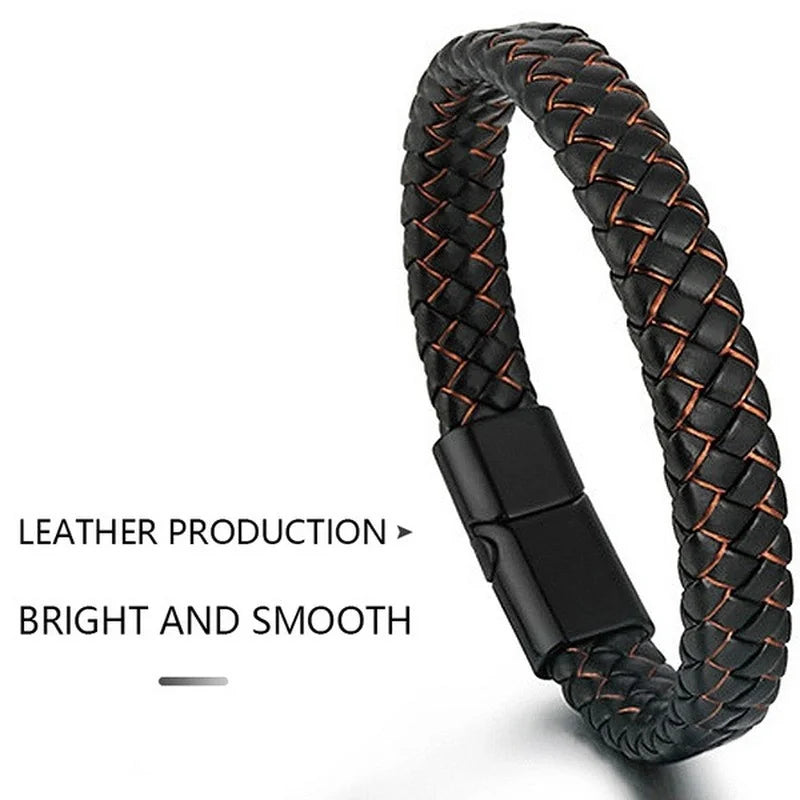 Bracelet Homme Cuir Véritable Tressé Noir - Fermoirs Magnétiques Acier Inoxydable Bangle