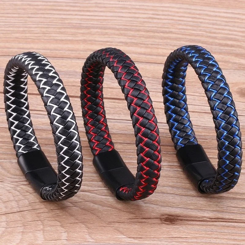 Bracelet Homme Cuir Véritable Tressé Noir - Fermoirs Magnétiques Acier Inoxydable Bangle