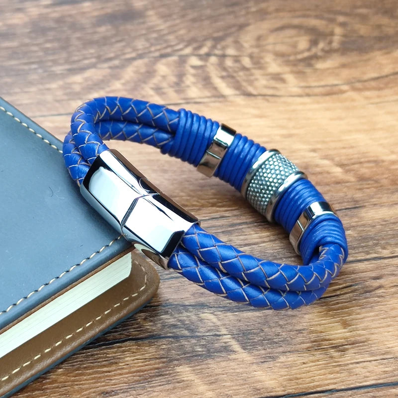 Bracelet Wrap Boho Cuir Tressé Double Bleu Homme