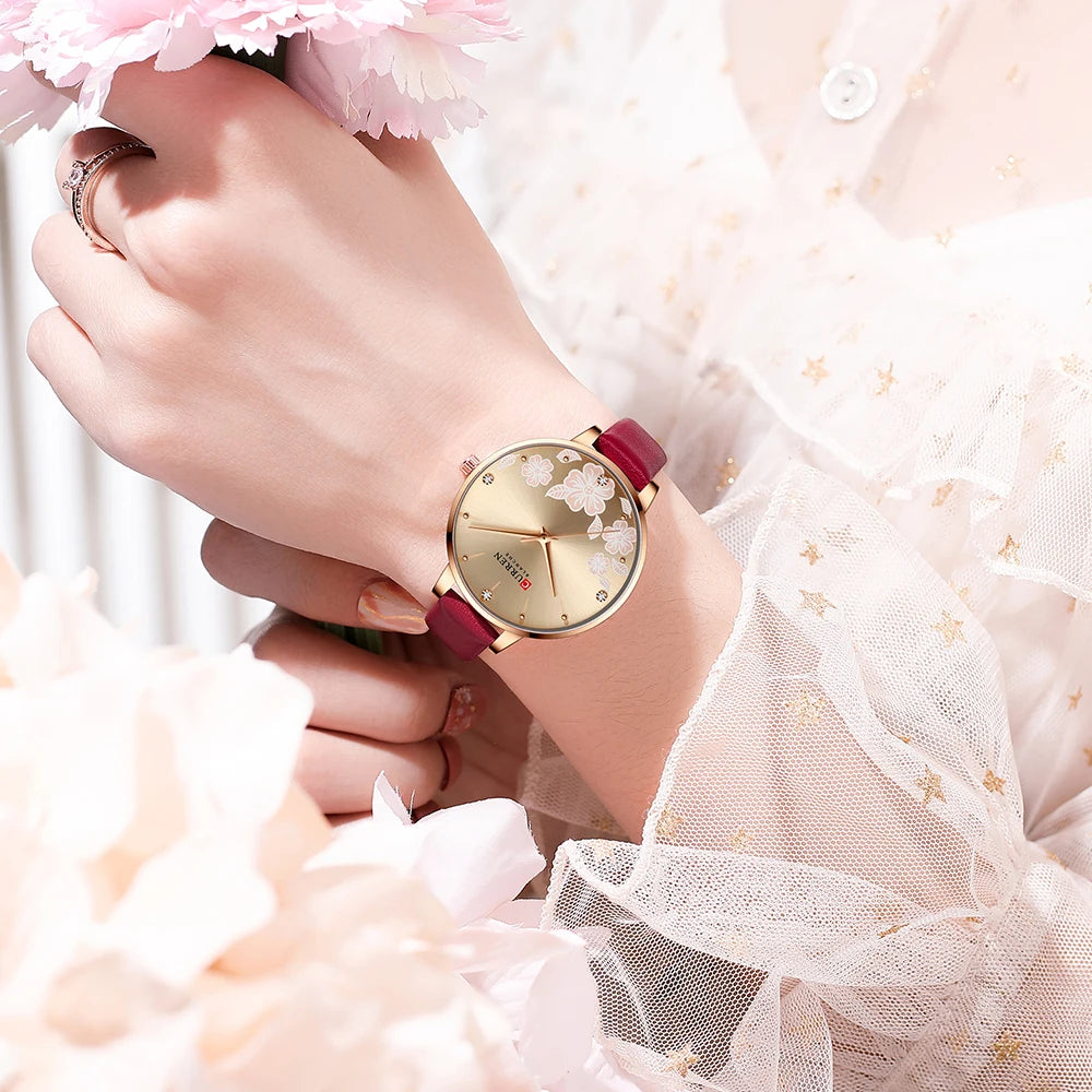 CURREN - Montre Femme Luxe Cuir - Cadran Fleurs - Mouvement Japonais - Étanche 3 ATM - Or Rose