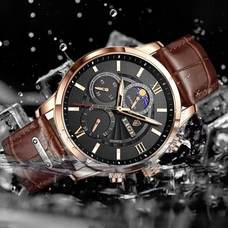 LIGE - Montre Homme Chronographe - Cuir Marron - Phase de Lune - Étanche 3 ATM