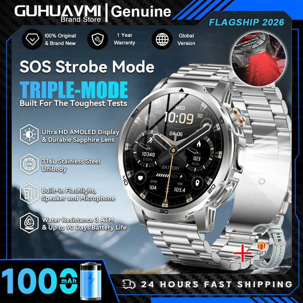 Montre Connectée Militaire T-REX 3 Ultra 2026 - 1000mAh, 5ATM Étanche 50m, AMOLED 1.85", GPS, Lampe Torche