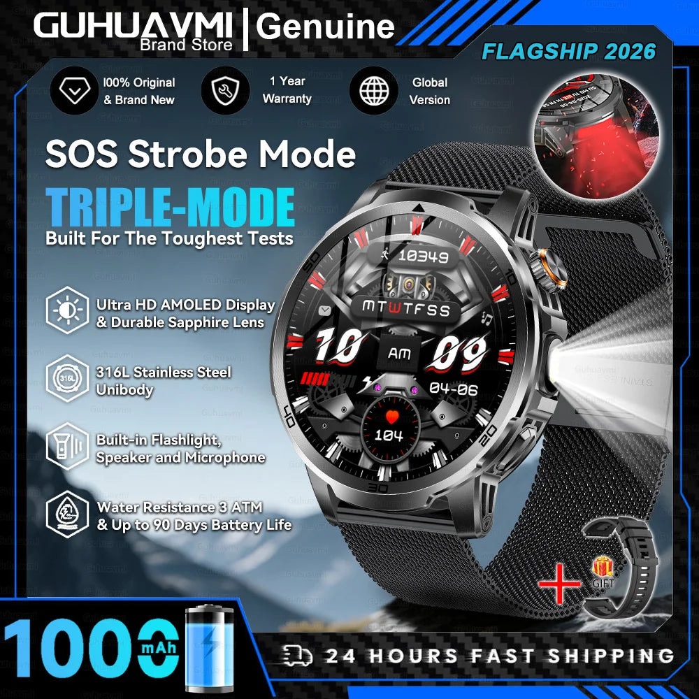 Montre Connectée Militaire T-REX 3 Ultra 2026 - 1000mAh, 5ATM Étanche 50m, AMOLED 1.85", GPS, Lampe Torche