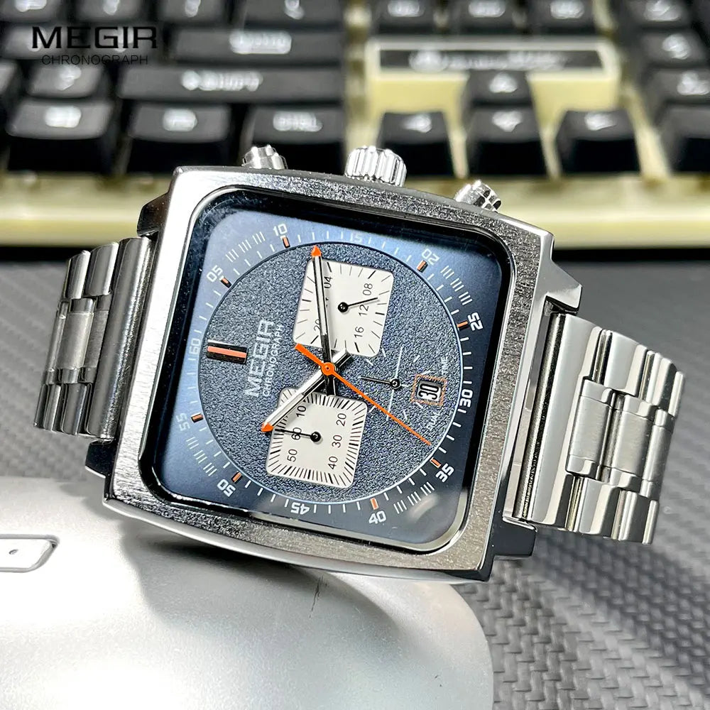 MEGIR - Montre Homme 2182 Sport Chronographe Carrée - Cadran Bleu - Bracelet Acier - 24H - Étanche 3 ATM