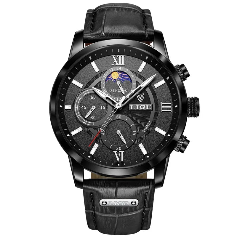 LIGE - Montre Homme Chronographe - Cuir Marron - Phase de Lune - Étanche 3 ATM