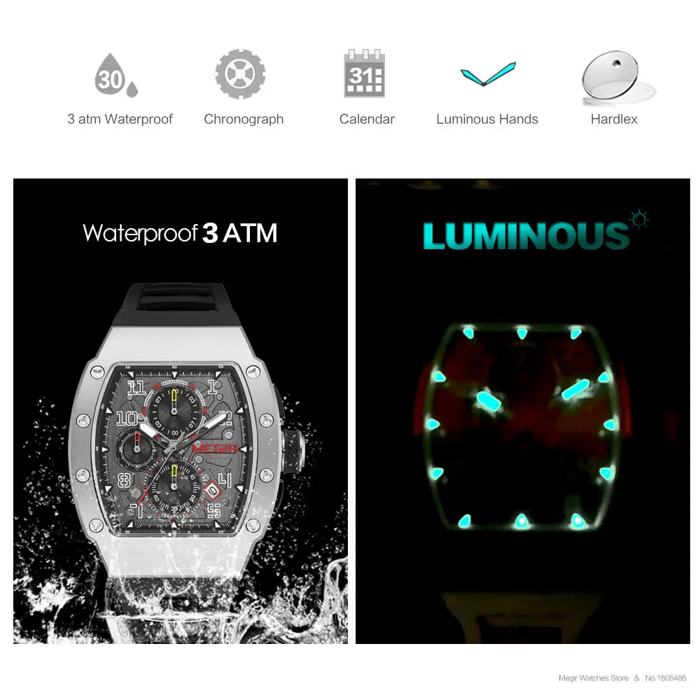 MEGIR - Montre Homme MEGIR Sport Chronographe Carrée - Cadran Bleu - Bracelet Acier - 24H - Étanche 3 ATM