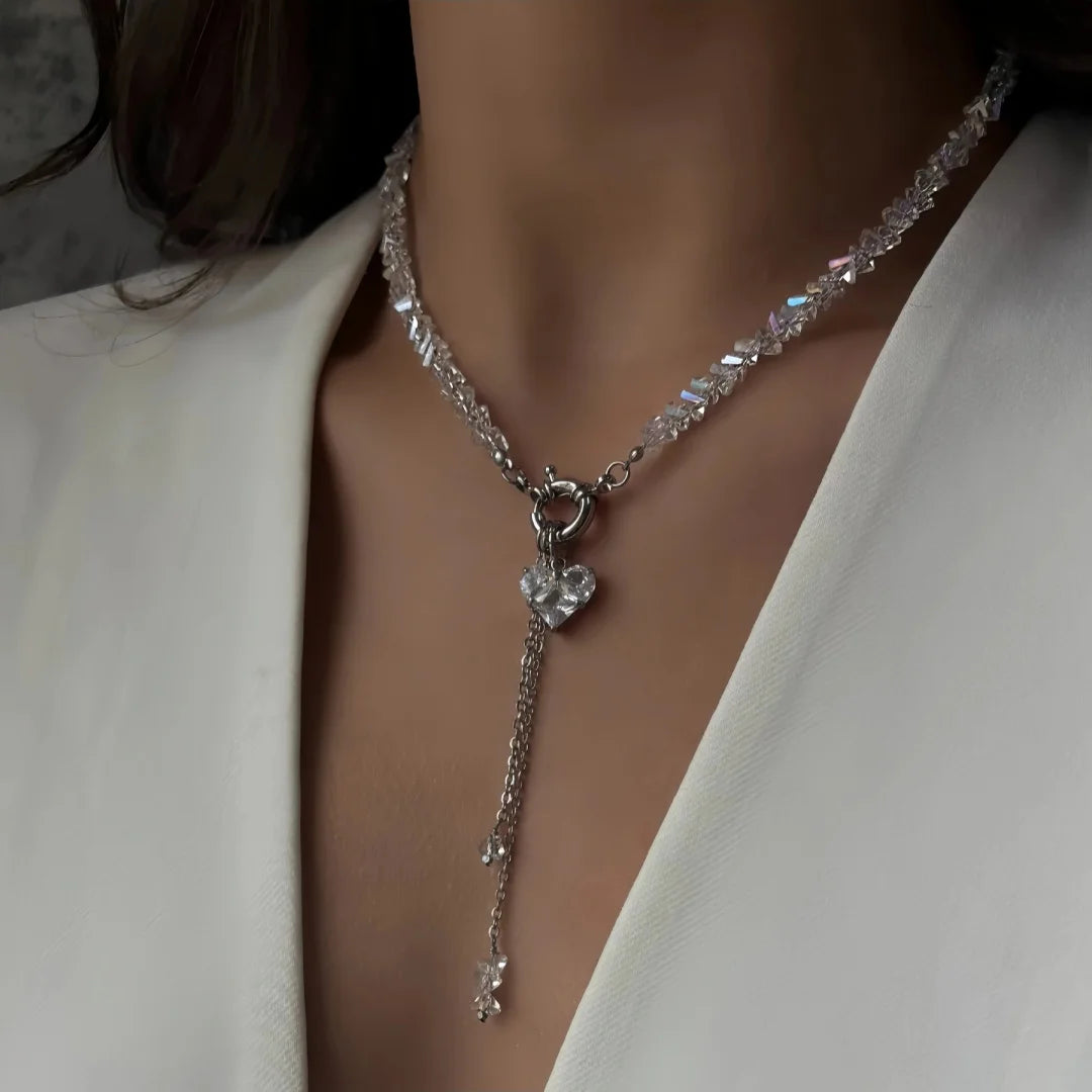 Collier Femme Vintage Pendentif Cœur Cristal Noir - Chaîne Géométrique Bohème