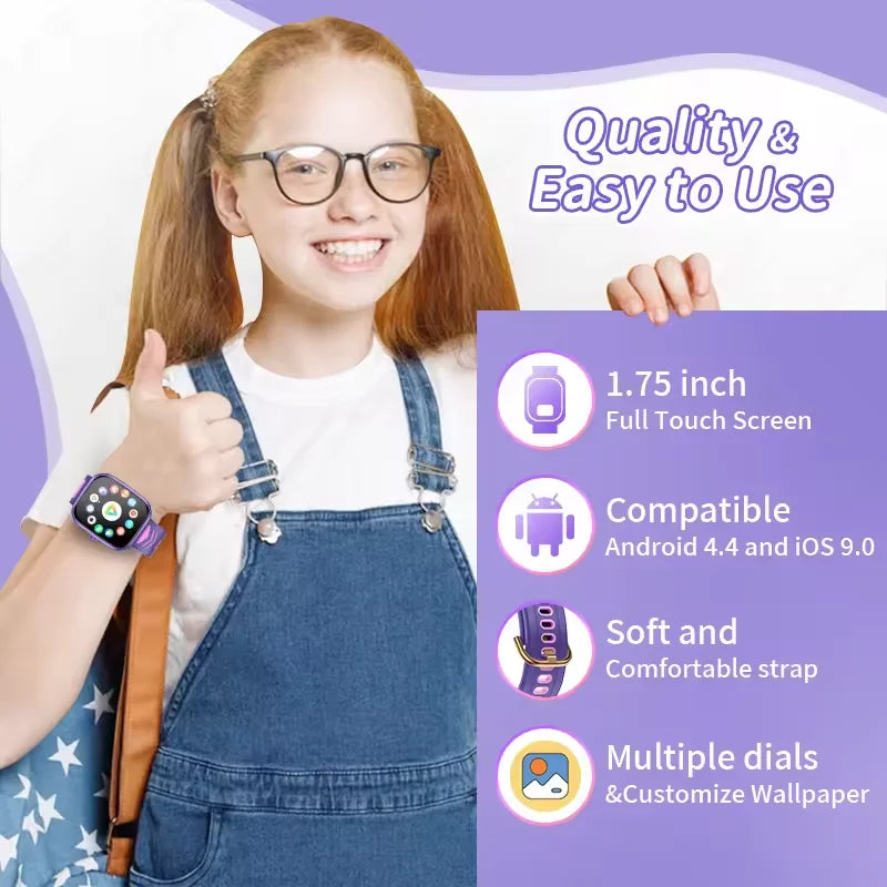 MOONBIFFY - Montre Enfant connectée 1.75" HD Tactile - Jeux - Musique - Appels Bluetooth 5.2 - Android iOS