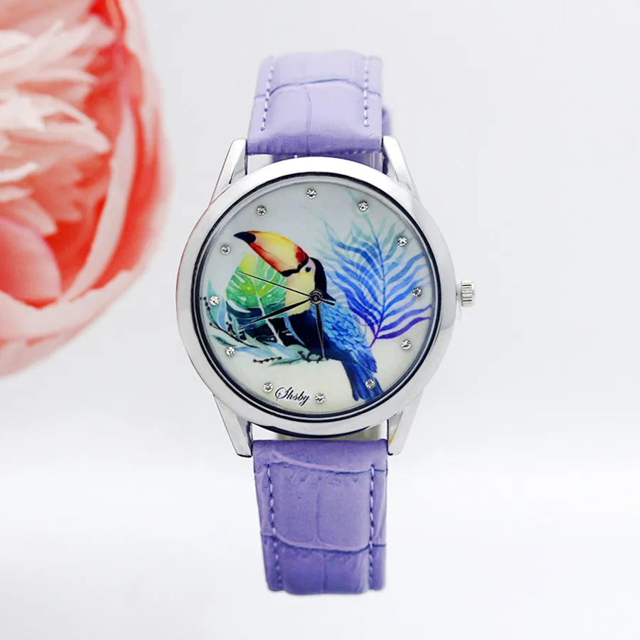 SHSBY - Montre Femme - Bracelet Cuir - Motif Fleur Élégant - Cadeau Idéal