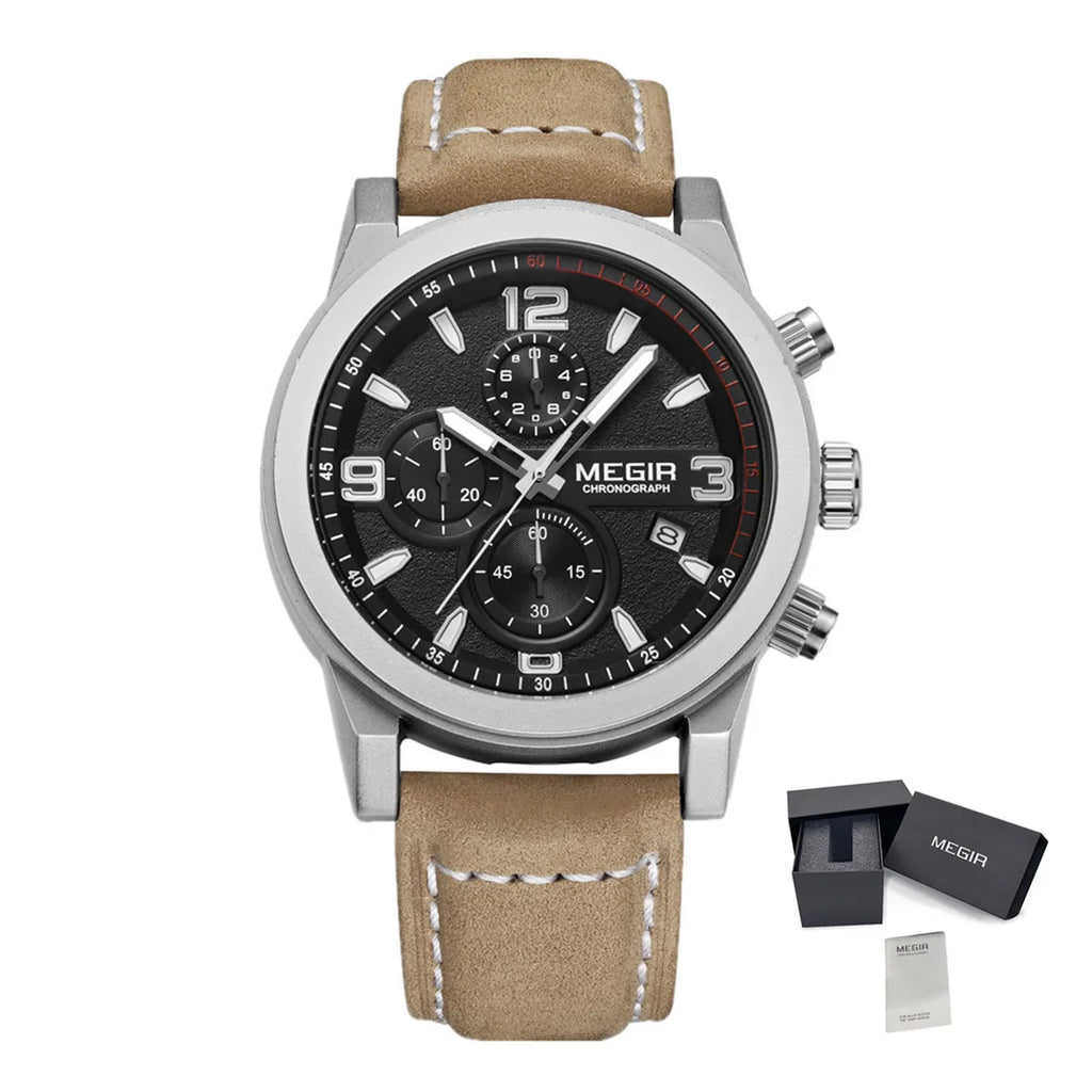 Montre Homme MEGIR 2026 Sport - Chronographe Bracelet Cuir Lumineux