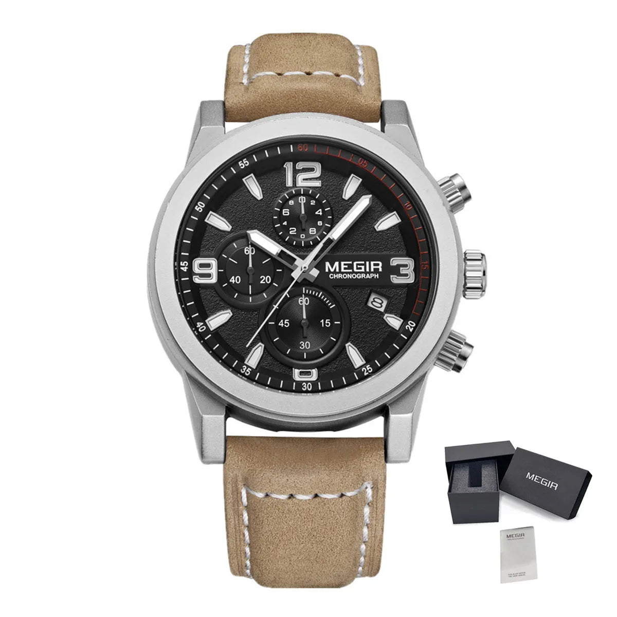Montre Homme MEGIR 2026 Sport - Chronographe Bracelet Cuir Lumineux
