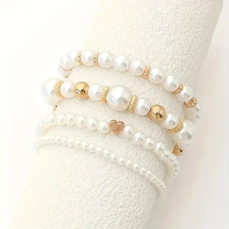 Ensemble 4 Bracelets Perles Blanches Design Doré Femme - Vintage Chic
