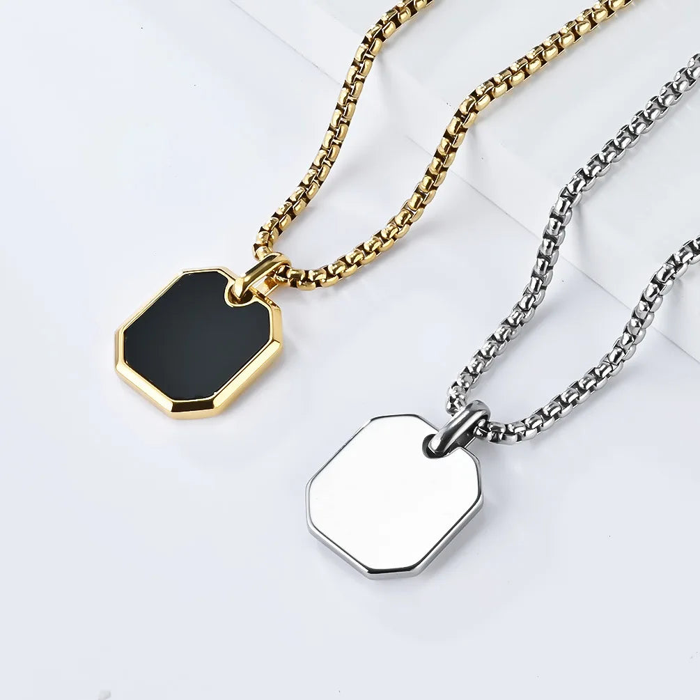 Collier Pendentif Carré Noir Unisexe - Acier Inoxydable Classique Homme Femme