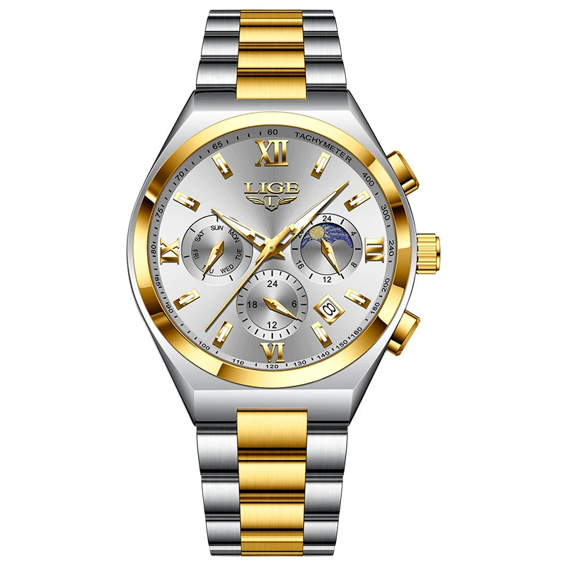 LIGE - Montre Femme Luxe Chronographe Phases de Lune - Bracelet Acier Bleu - Chiffres Romains - Étanche 3 ATM