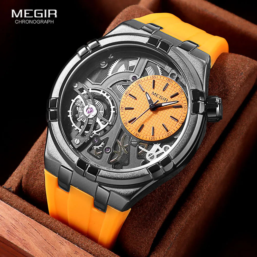 MEGIR - Montre Homme Sport Orange Double Cadran - Bracelet Silicone - Chronographe - Étanche 3 ATM