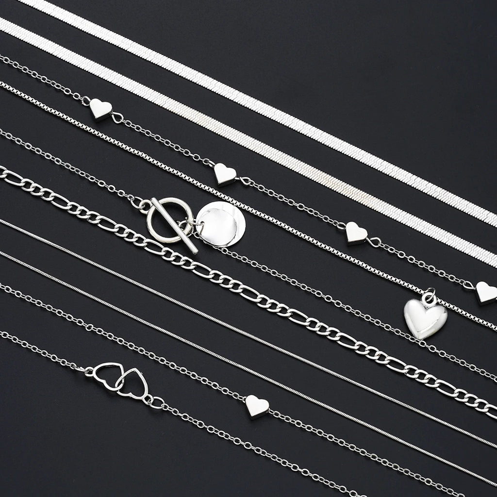 Ensemble 10 Colliers Pendentifs Empilables Femme - Cœur Multi-Rangs Tendance