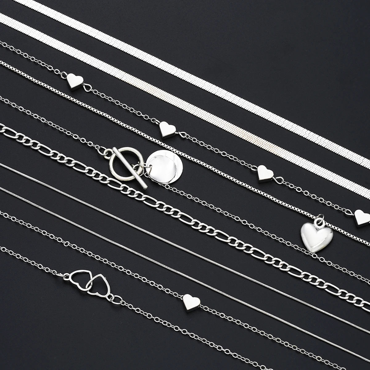 Ensemble 10 Colliers Pendentifs Empilables Femme - Cœur Multi-Rangs Tendance