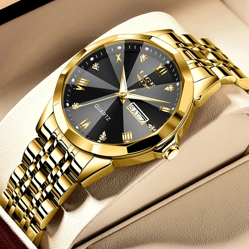 LIGE - Montre Femme Quartz Luxe - Bracelet Acier Bicolore Or/Argent - Cadran Bleu - Étanche 3 ATM