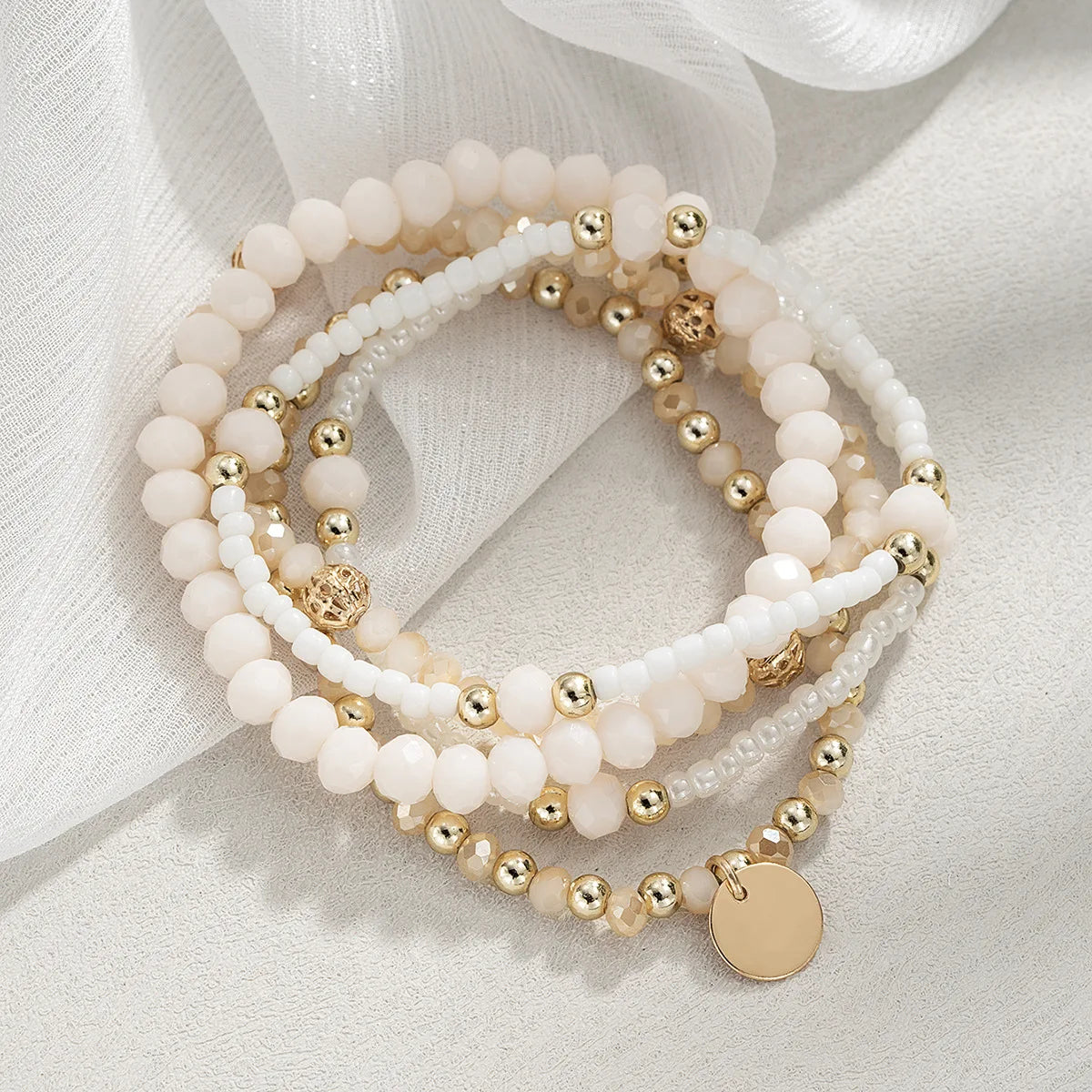 Bracelet - Ensemble 5 Bracelets Femme Perles Résine - Pièce Ronde Charme Élastique Chaîne Bangle Vacances