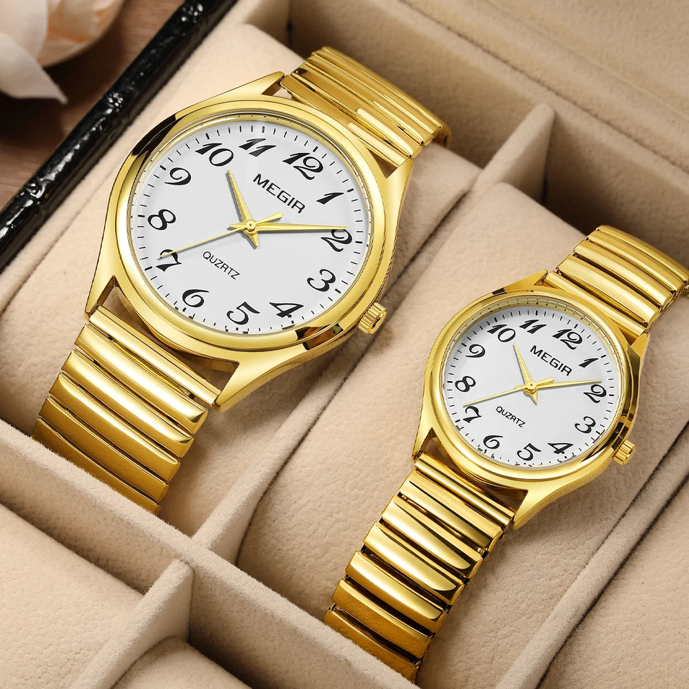 MEGIR - Montre Couple Luxe - Acier Inoxydable - Cadran Lumineux - Étanche 3 ATM - Saint-Valentin