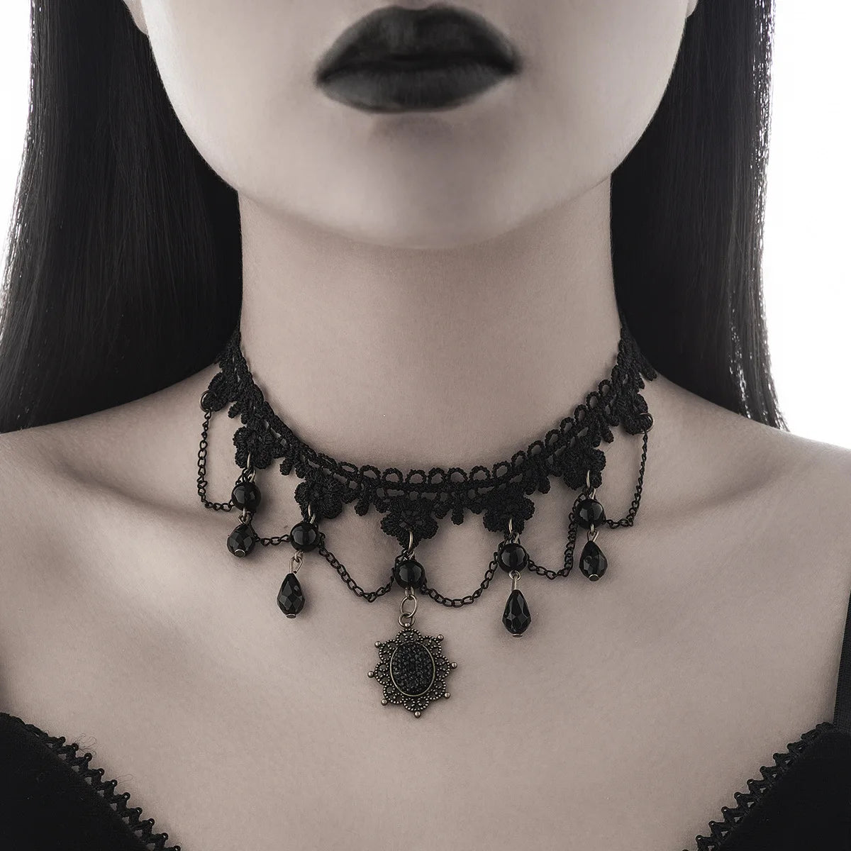 Collier Femme Ras du Cou Gothique Dentelle Noire Cristaux - Bijou Femme Y2K