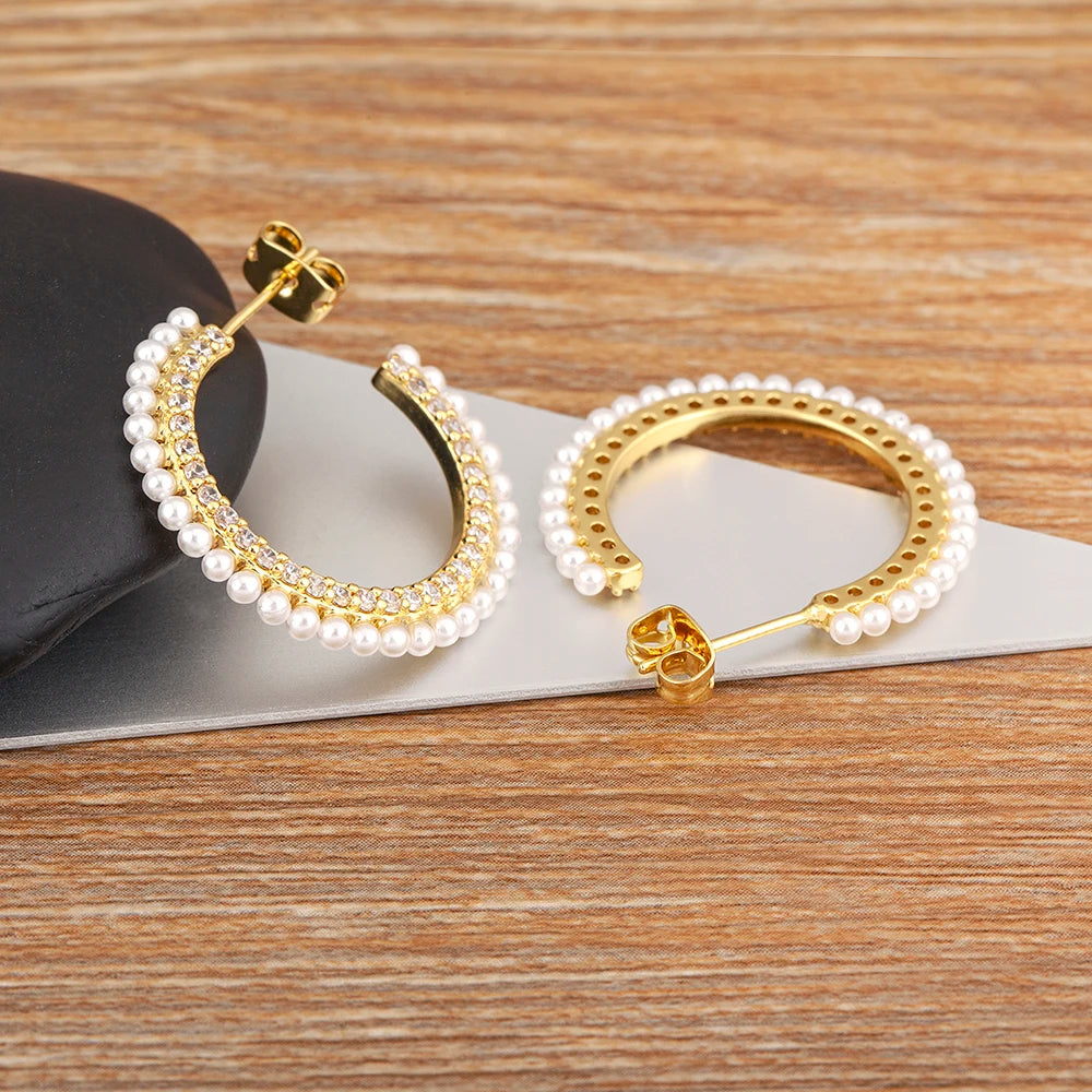 Boucles d'Oreilles Femmes Forme C Perles Zircon Doré - Bijou Femme Rétro