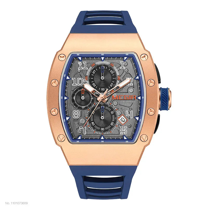 MEGIR - Montre Homme MEGIR Sport Chronographe Carrée - Cadran Bleu - Bracelet Acier - 24H - Étanche 3 ATM
