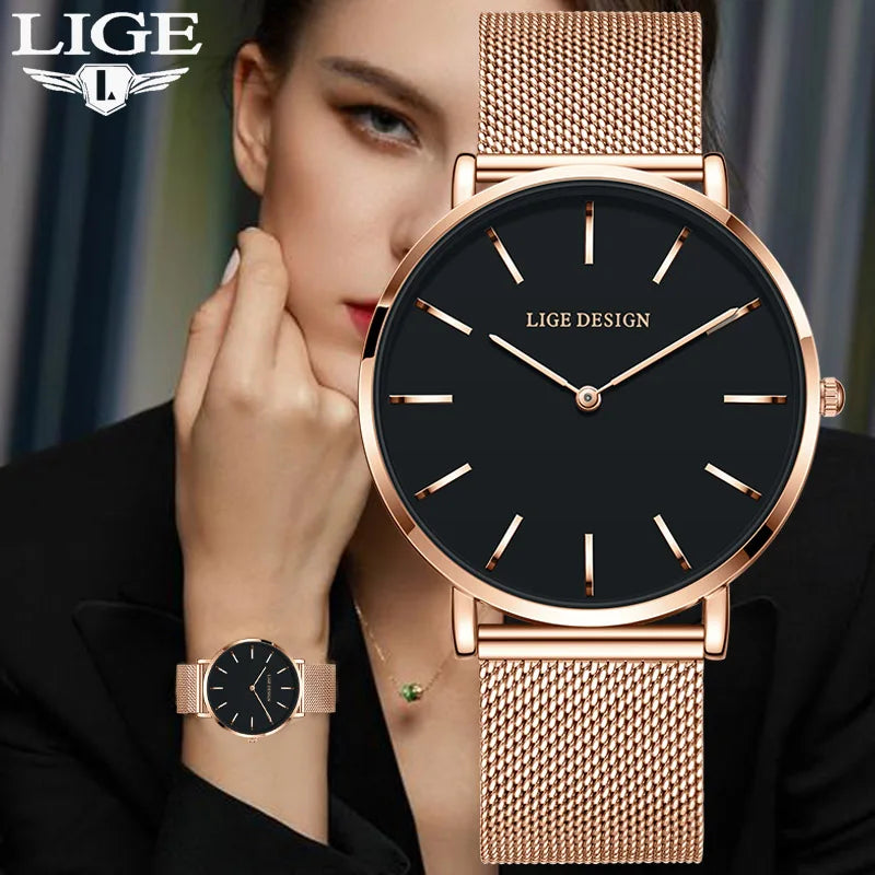 LIGE - Montre Femme Élégante - Bracelet Maille Milanaise Acier - Étanche 3 ATM