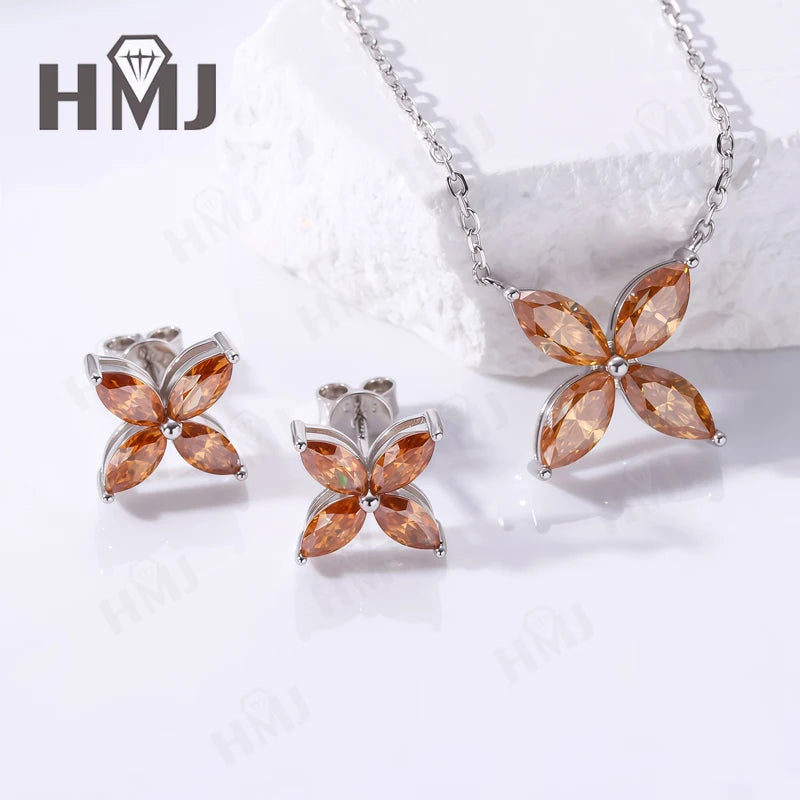 Collier Pendentif, Boucles d'Oreilles Puces, Trèfle à Quatre Feuilles, Moissanite Marquise, Argent Sterling 925