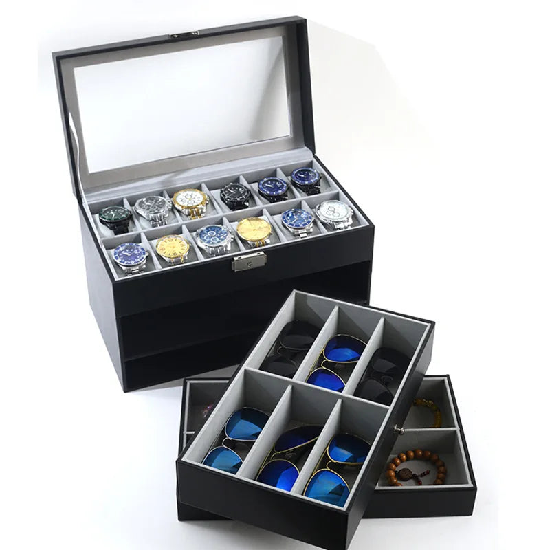 Boîte à Montres 12 Fentes - Coffret Rangement Luxe Cuir PU avec Tiroir Bijoux