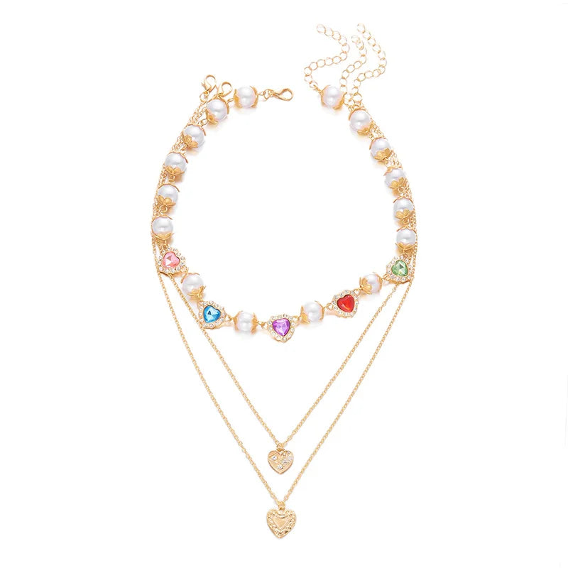 Collier de Luxe en Strass Cœur d'Amour Perles - Chaîne Multi-Rangs Y2K Mariage