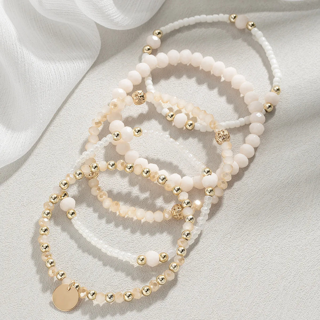 Bracelet - Ensemble 5 Bracelets Femme Perles Résine - Pièce Ronde Charme Élastique Chaîne Bangle Vacances
