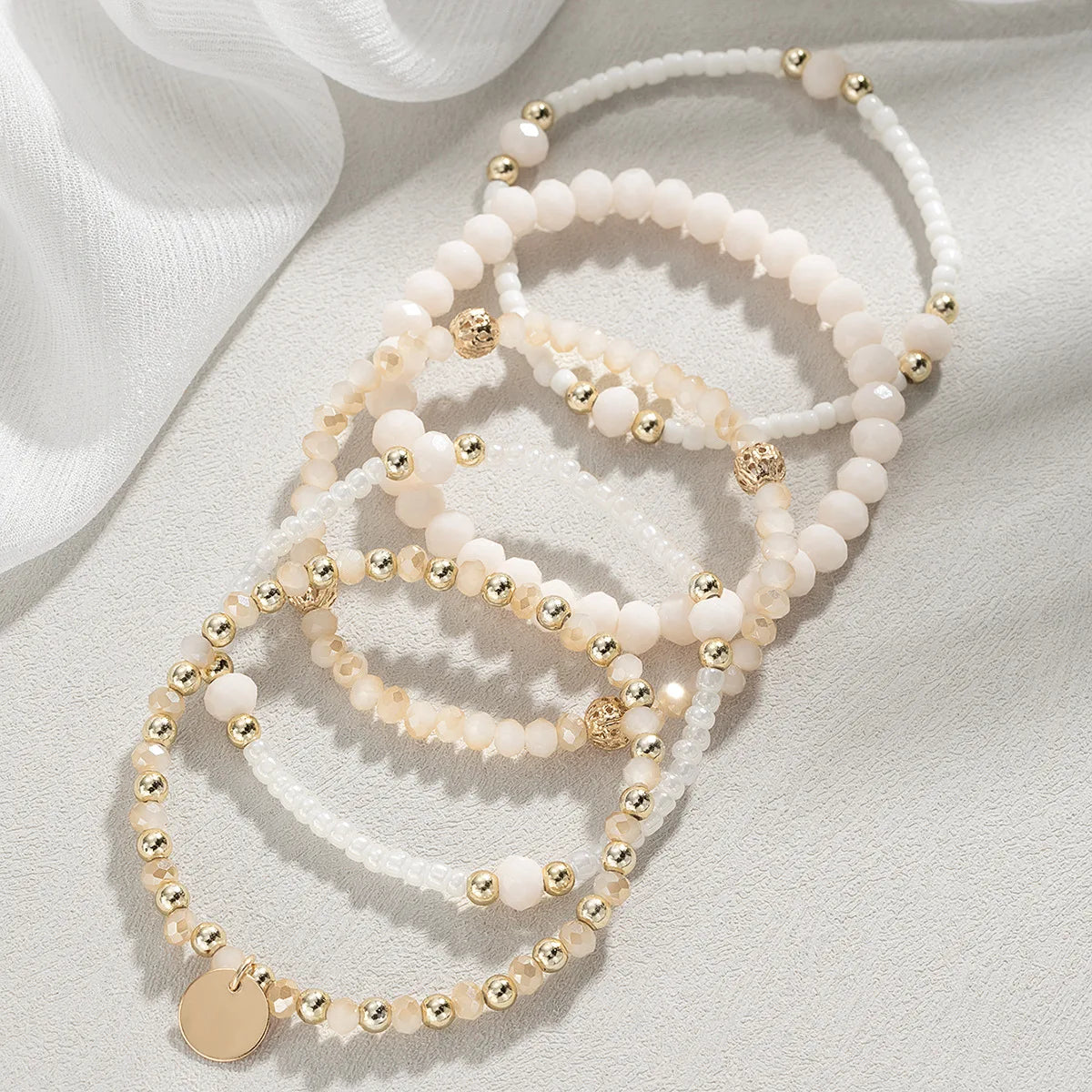Bracelet - Ensemble 5 Bracelets Femme Perles Résine - Pièce Ronde Charme Élastique Chaîne Bangle Vacances