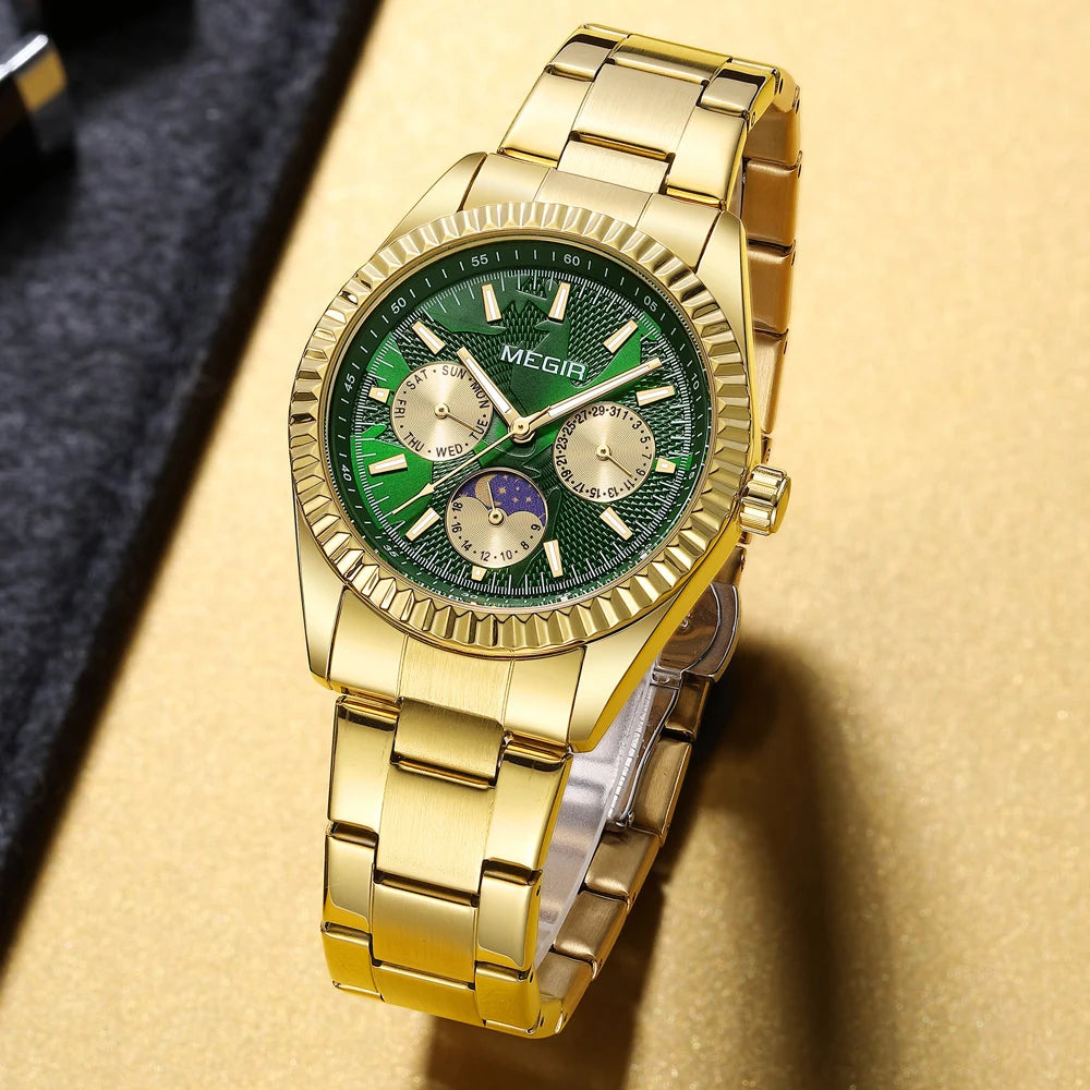 MEGIR - Montre Femme Phase de la Lune à Quartz en Acier Inoxydable Étanche