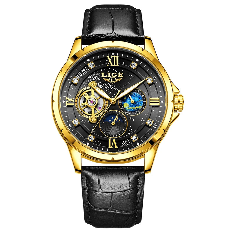 Montre Automatique Homme LIGE 2026 - Mécanique Phase de Lune Bracelet Cuir